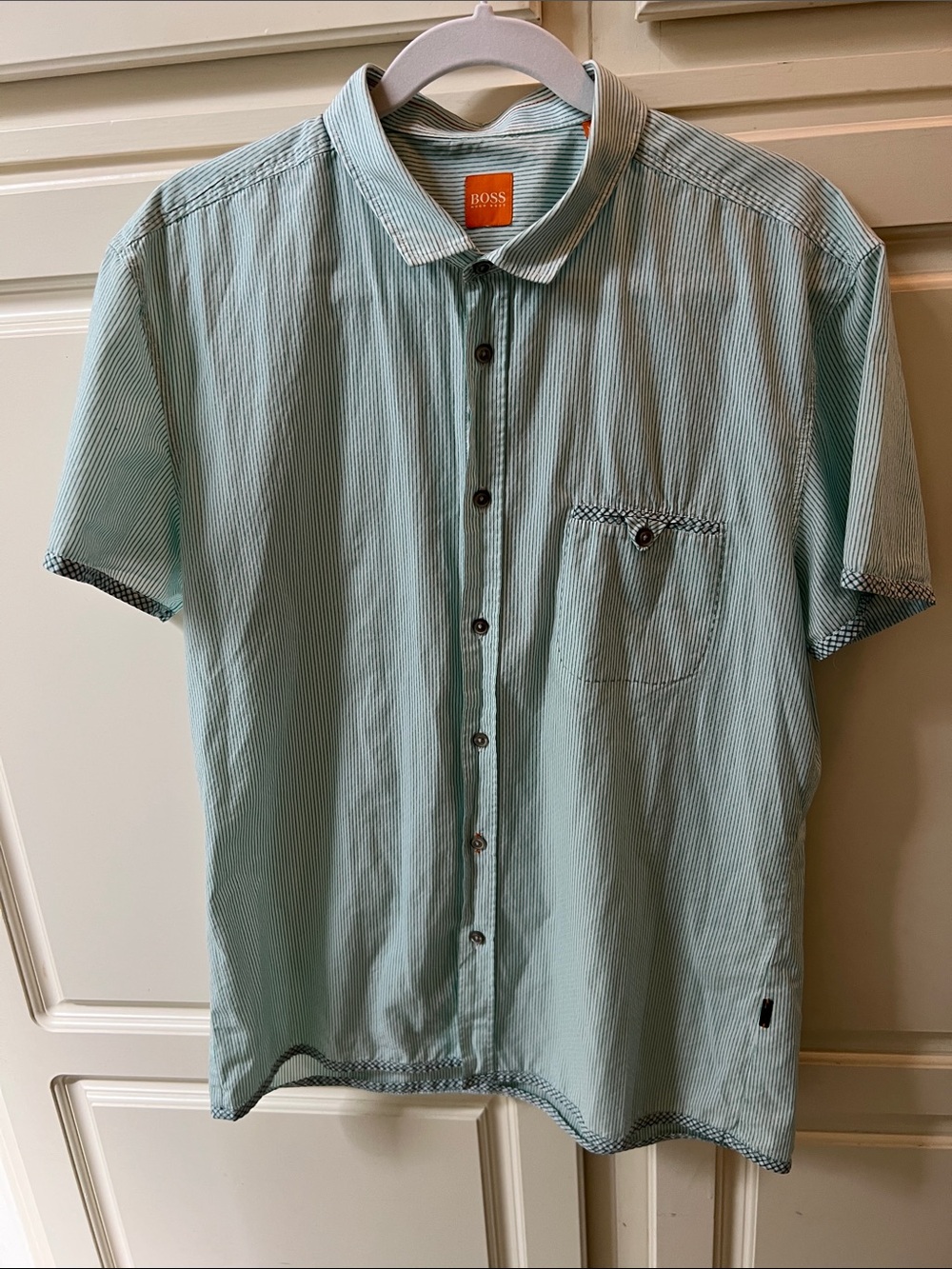 Hugo Boss Mint Green Thin-Stripe Short Sleeve Button-Down Shirt
